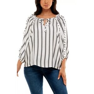 Adrienne Vittadini Gray & White Striped Shimmery Peasant Blouse Ruffle Bow Sz XL